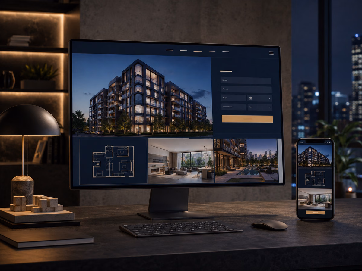 Concepto de sitio web inmobiliario adaptable a computadora y teléfono