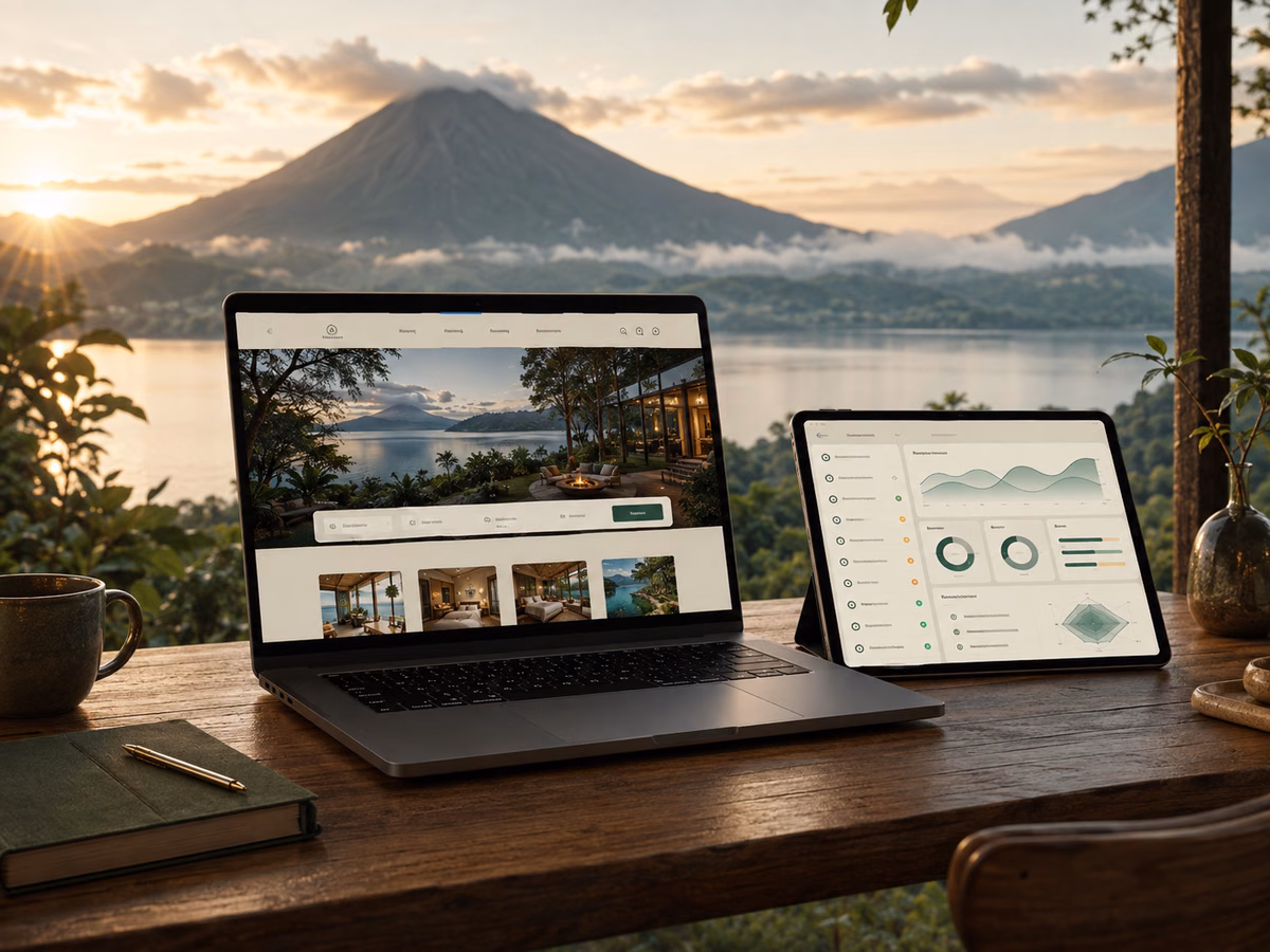 Concepto de sitio web y auditoría técnica para hotel junto a un lago